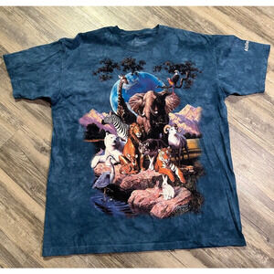 Vtg The Mountain Shirt Mens XL Blue Tye Dye Elephant Tiger Lion Eagle Zoo 90s